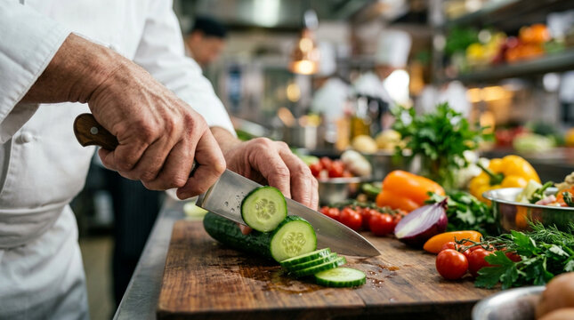 Chef slicing fresh cucumber on a cutting board in a busy professional kitchen