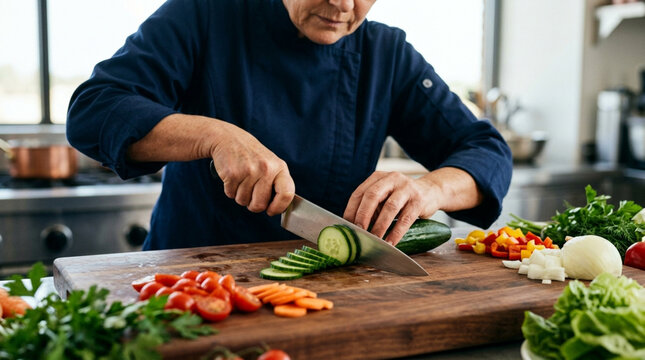 Chef slicing fresh cucumber on cutting board with vegetables in kitchen