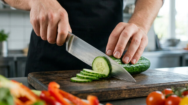 Chef slicing fresh cucumber on wooden board, preparing vegetables for salad or meal