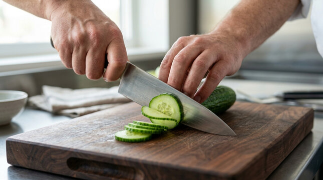 Chef slicing fresh cucumber on wooden cutting board in kitchen - closeup