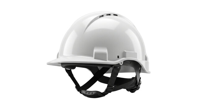 Industrial white hard hat with chin strap, protective construction safety helmet, professional engineer headgear for site security isolated PNG with Transparent Background