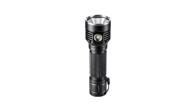 Tactical black LED flashlight, professional aluminum torch for camping and security, high power portable searchlight for outdoor survival isolated PNG with Transparent Background
