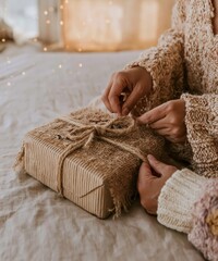 Obraz premium Close up of hands tying a jute twine bow on a corrugated kraft gift box, featuring warm light and textured linen for holiday gift wrapping