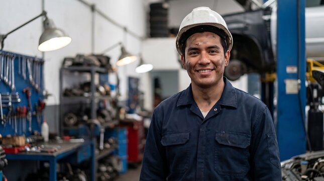 Smiling mechanic standing in auto repair workshop surrounded by tools and equipment