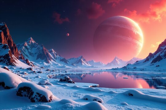 Icy surface of Quaoar with dwarf planet Pluto in background, Icy Surface, Astronomy