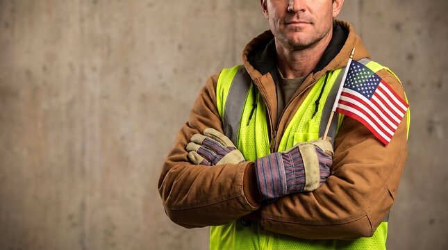 Portrait of confident male worker in warm vest holding small American flag against concrete wall