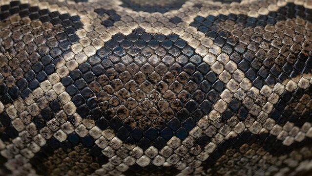 Detailed close-up of a python snake skin with intricate scale patterns and earthy color tones.