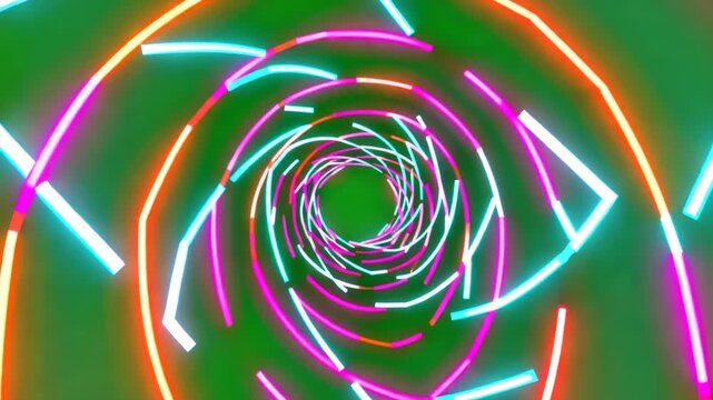 Neon spiral tunnel with vibrant lights moving forward on green screen background