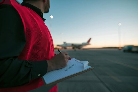 Person wearing a red high-visibility vest writes on a clipboard at an airport apron with a blurred aircraft for air freight and logistics operations