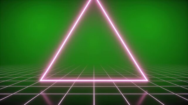 Neon triangle pulsing with light on a reflective grid floor with a green gradient background
