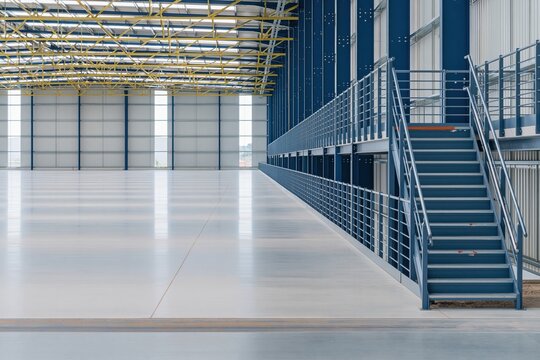 Empty industrial warehouse hall with a blue steel mezzanine and stairs, featuring a polished concrete floor for logistics and property marketing
