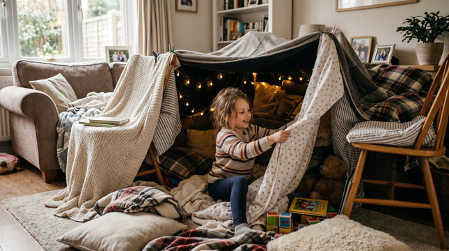Young girl playing inside a blanket fort with fairy lights indoors  