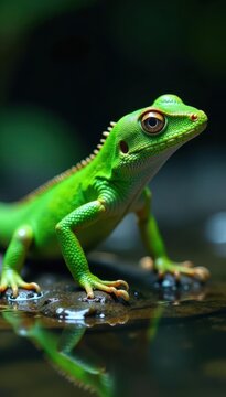 Iridescent scales on a bright green anole lizard making a watery entrance, nature, art
