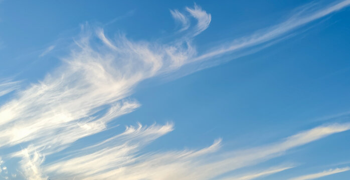 Wispy white cirrus clouds against bright blue sky background