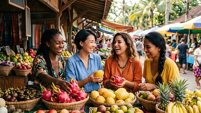 Four diverse women laughing and shopping for exotic fruits at an outdoor market