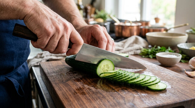 Man Slicing Cucumber on Wooden Cutting Board, Healthy Cooking