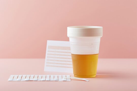 A plastic urine sample cup with a white lid stands on a pink surface next to reagent test strips for medical diagnostic and urology testing
