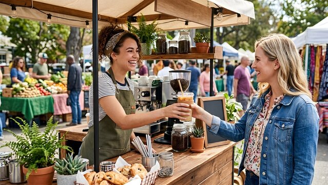 Young woman barista handing iced coffee to customer at farmers market stall