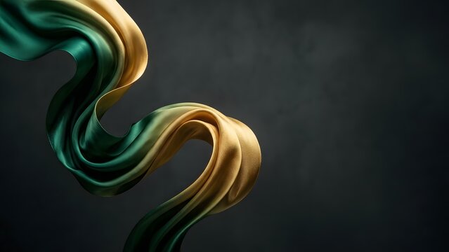 Elegant flowing silk fabric in emerald green and gold, abstract wavy drapery on dark background