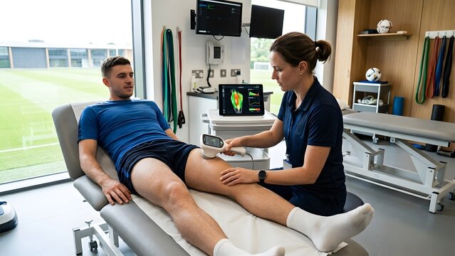 Professional physiotherapist examining athlete's leg with ultrasound device in modern clinic