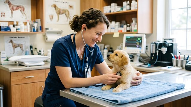 Veterinarian uses stethoscope to examine cute golden retriever puppy during check-up at clinic