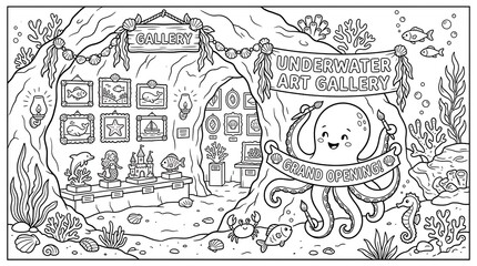 Obraz premium Underwater gallery grand opening featuring a happy octopus artist with paintbrushes and framed paintings of sea life coloring page