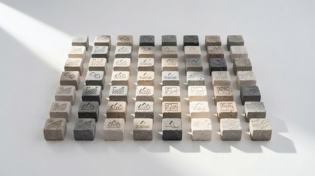 A grid of small wooden cubes with engraved symbols arranged symmetrically on a surface under natural light showing various tones and shades for creative projects and educational concepts