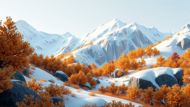 Snowy mountains backdrop vibrant orange trees. Winter landscape presents serene beauty, peaceful atmosphere. Rocks dot snowy hillsides.