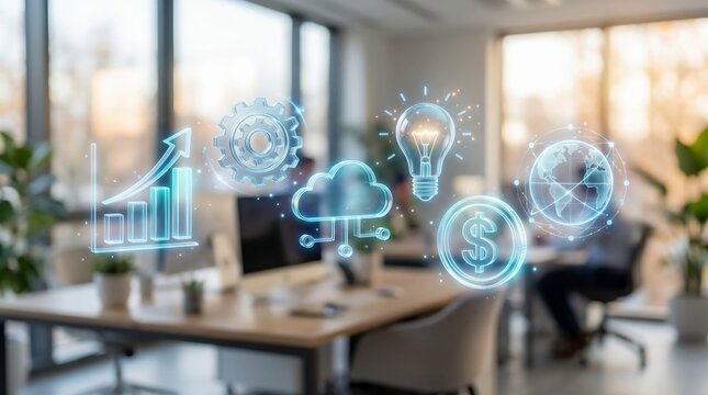 Glowing 3D Business Technology Icons Floating in Blurred White Office Background. Futuristic Corporate Concept