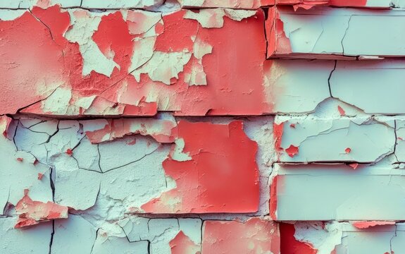 Cracked paint reveals faded red and white hues