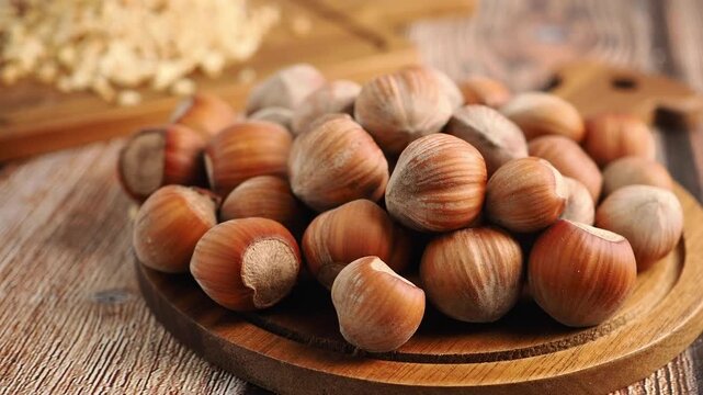 Gathering hazelnuts on a wooden table in a kitchen
