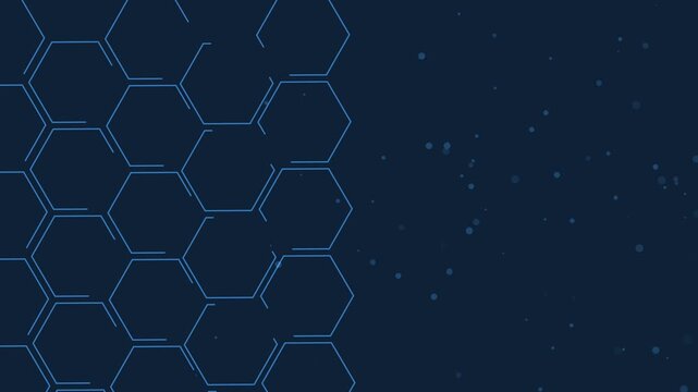 Abstract background with glowing hexagon outline pattern on the left and floating dots on the right animation
