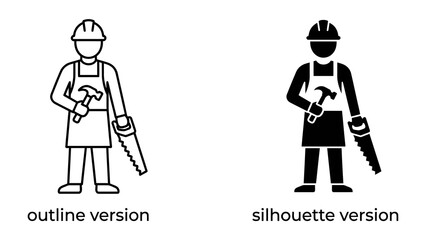 Fototapeta premium Craftsman Icon: A clear and simple illustration depicts a craftsman, identifiable by his hard hat, apron, and tools (hammer and saw).