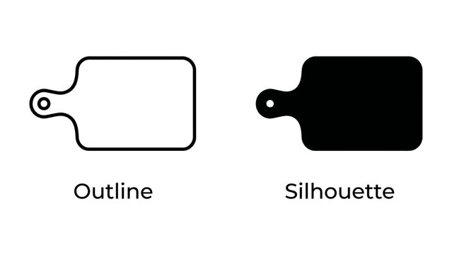 Cutting Board Icon Set: A clean vector graphic showcasing two distinct representations of a cutting board: one as a simple outline and the other as a solid silhouette.