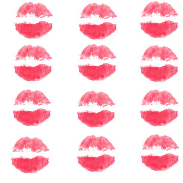 Twelve red lip prints with white stripe open lips pattern on white background

