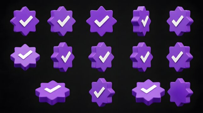 3d render of purple starshaped checkmark icons in various angles and perspectives on a black background