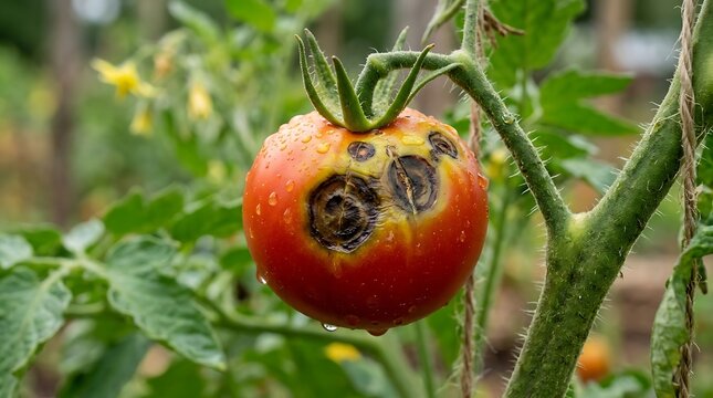 Ripe tomato with black rot spots growing on a vine