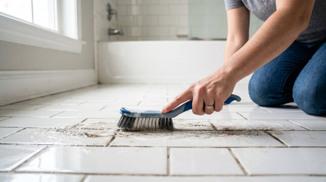 Woman cleaning dirty tiles on bathroom floor with brush  