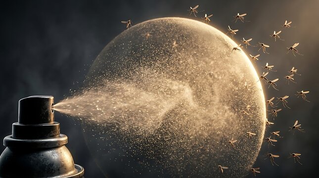 Insecticide spray protecting a space from mosquitoes