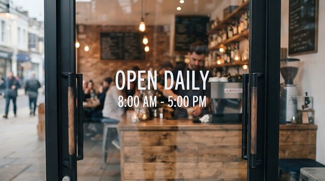 Barista working behind a wooden counter in a cafe, viewed through a glass door with open daily 8:00 am 5:00 pm text signage