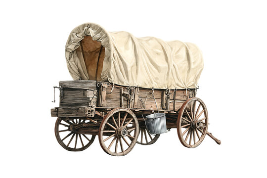 Covered wagon with a white canvas top against a black background detailed wooden construction