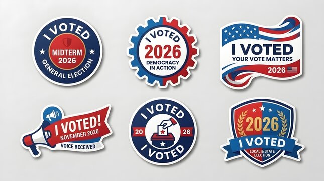 Collection of i voted stickers for 2026 midterm and local elections, various shapes and patriotic designs