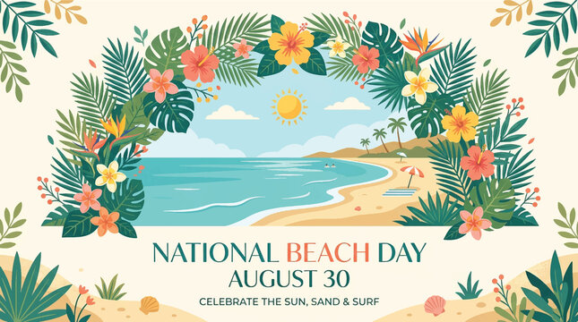 National Beach Day August 30 Poster, Tropical Floral Frame Template with Ocean View, Summer Vacation Background, Holiday Flyer Design, Sunset Coast Line Illustration