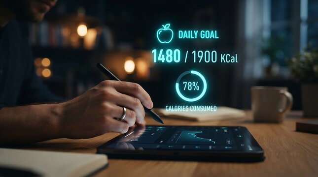 Hand holding a stylus over a tablet displaying a glowing blue digital interface with calorie tracking data and an apple indoor setting