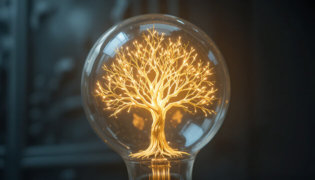 Close-up of a light bulb with glowing tree-shaped filament forming trunk and branches, emitting warm golden light inside glass bulb