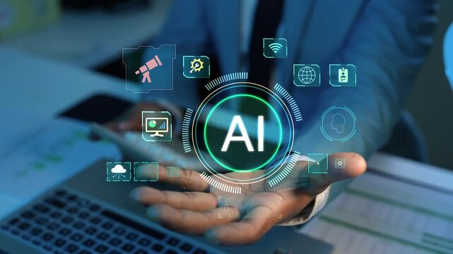 Businessman holding a glowing hologram ai icon above the hand at a desk with laptop, Business digital technology, innovation, automation and future business solutions 