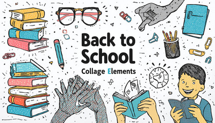 Obraz premium Back to school collage elements with books and student illustrations, education.