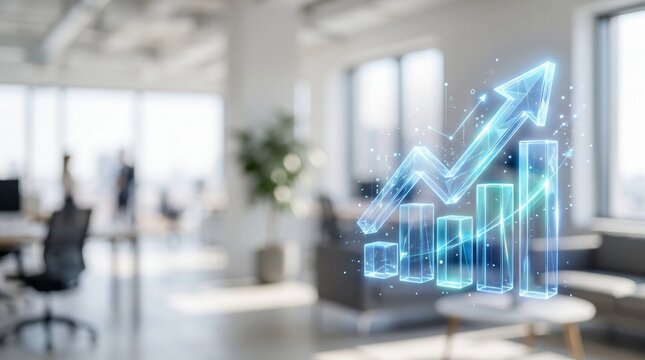 Glowing 3D Growth Chart Icon on Blurred White Office Background with Copy Space. Futuristic Business Concept