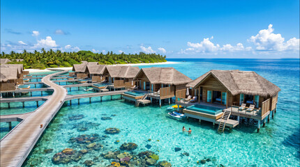Fototapeta premium Luxury wooden overwater bungalows with private infinity pools stand above the clear turquoise ocean water on a sunny island paradise
