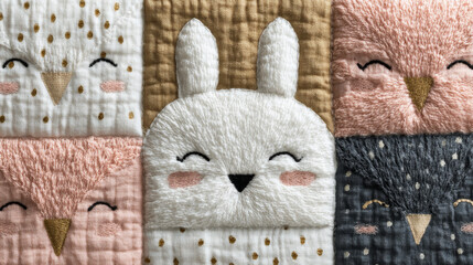 Fototapeta premium A patchwork quilted fabric panel, with 5 cute plush cartoon animal faces (bunny, owls) in white, pink, tan and dark blue, dotted with tiny gold star details.